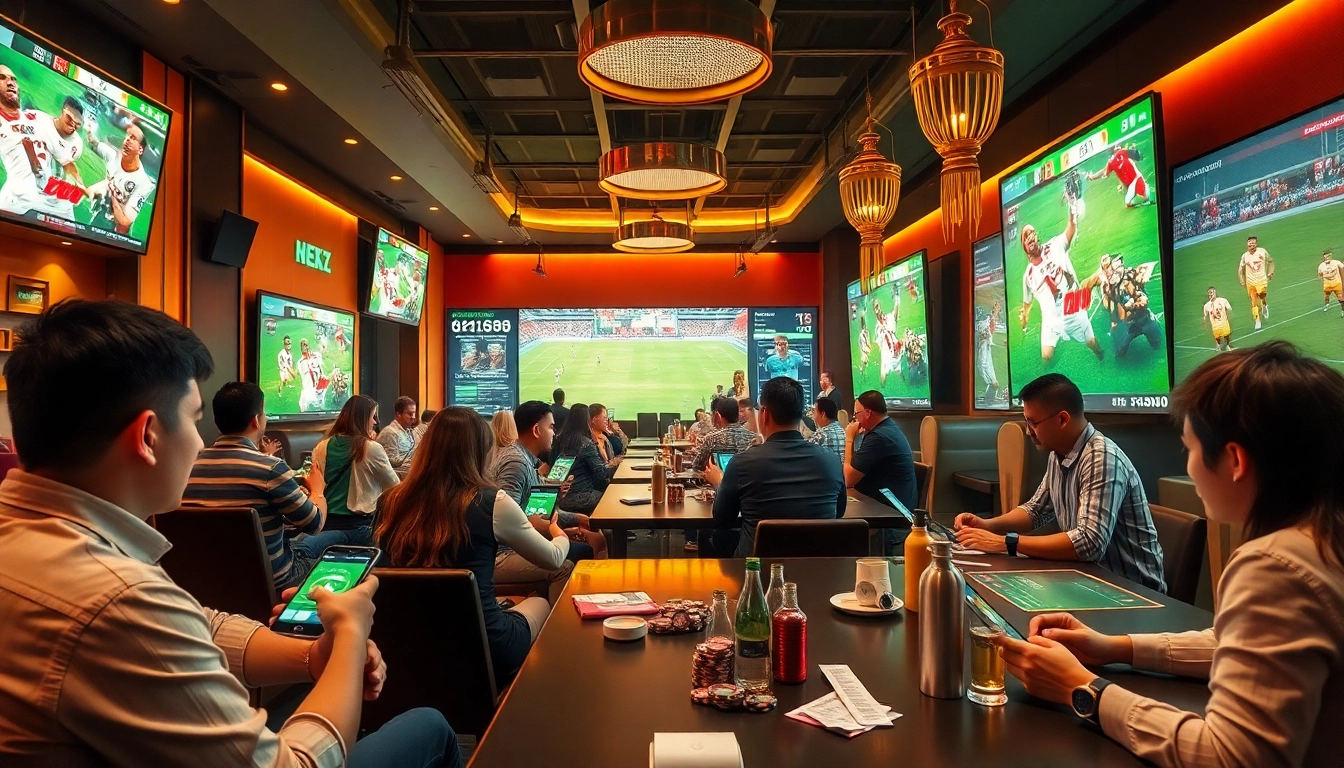 Engaging gamblers placing bets on football matches at a luxurious sports lounge, showcasing excitement around แทงบอล activities.