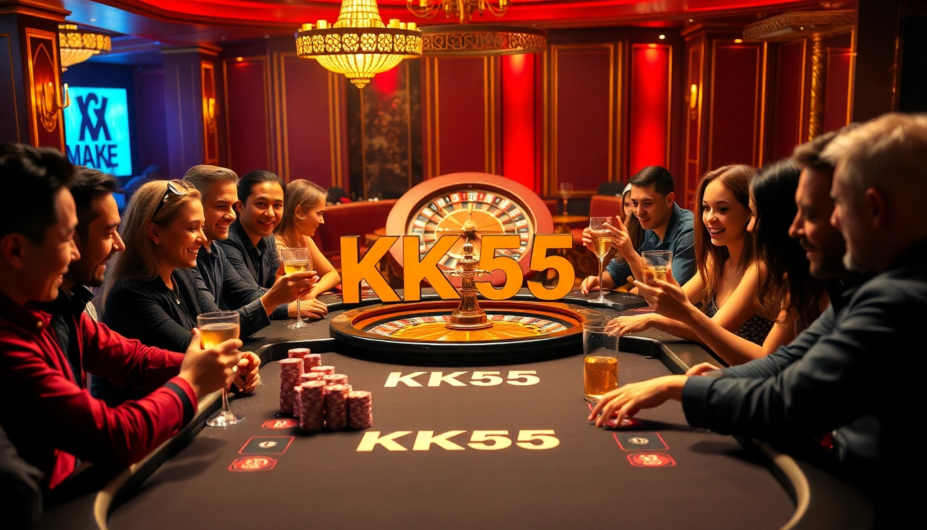 KK55 players engage in an exciting poker game at a luxurious casino table.