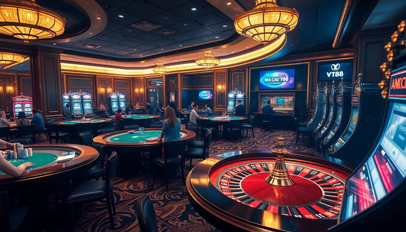 Experience the excitement of NHÀ CÁI VT88 in a luxurious casino environment filled with vibrant gaming tables and slot machines.