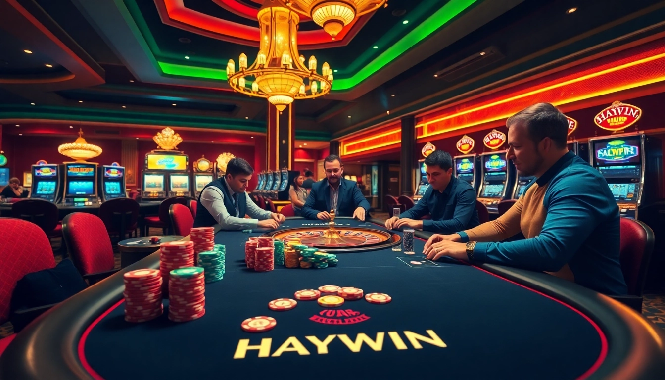HAYWIN poker action with players and colorful chips in a vibrant casino.