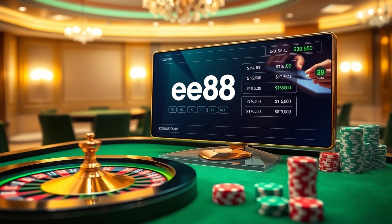 Engaging scene showcasing rút tiền ee88 in a luxurious online casino setting with poker chips and a roulette wheel.