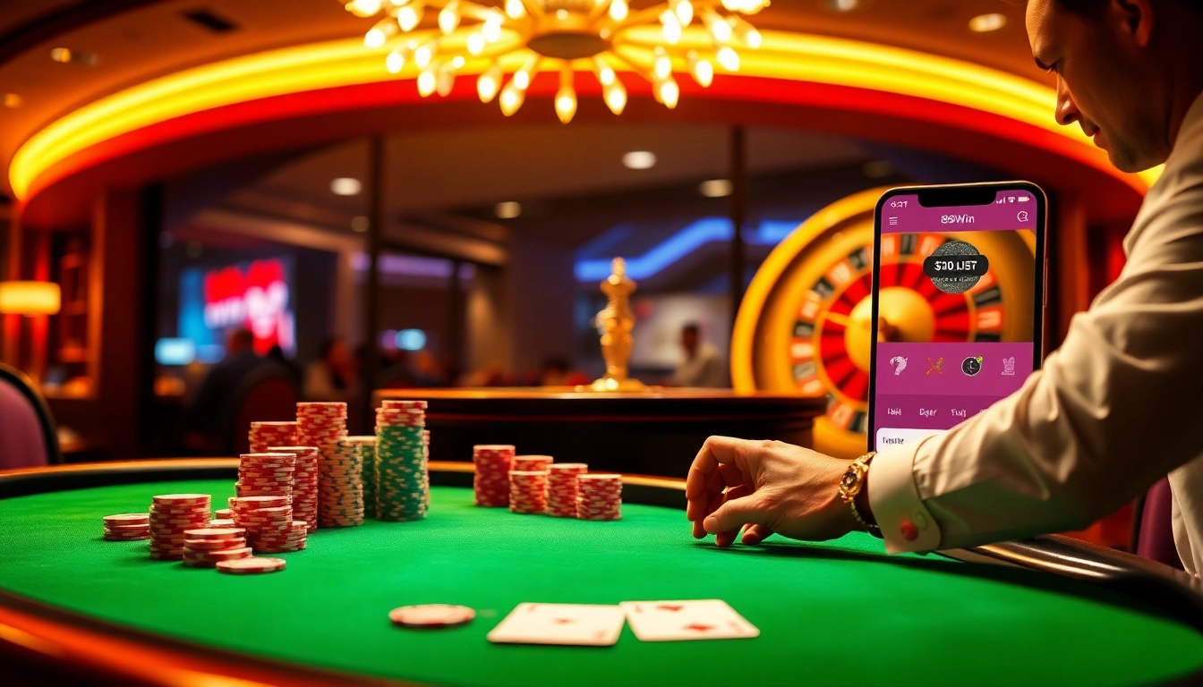 Experience the rút tiền 68win process at a luxurious casino table filled with poker chips and vibrant cards.