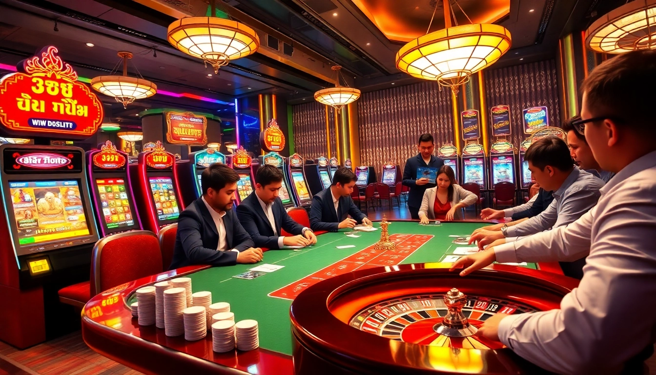 Exciting casino scene showcasing players enjoying bk8thai poker and colorful slot machines.