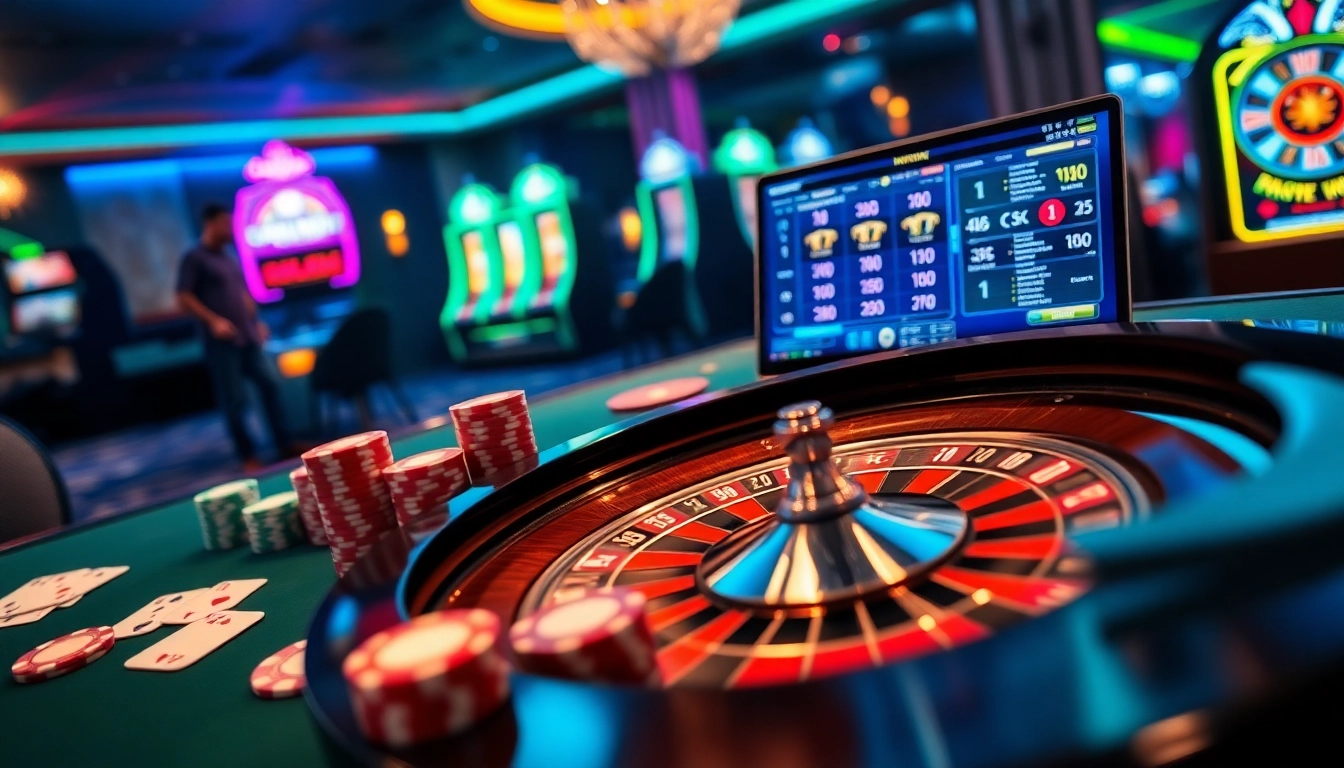 Exciting casino scene featuring NHÀ CÁI HAYWIN with roulette table, poker chips, and vibrant slot lights.