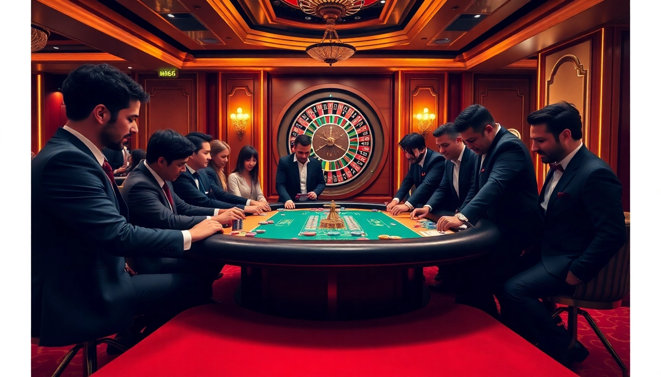 Players enjoying an MB66 poker game at a vibrant casino table filled with colorful chips and cards.