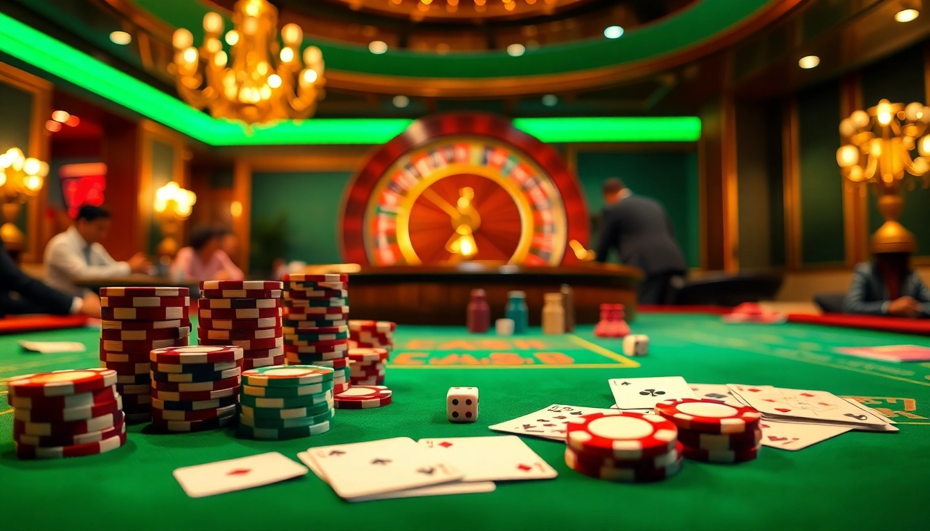 Experience the excitement of gambling at TRANG CHỦ BEM88 with vibrant casino elements like cards and chips.