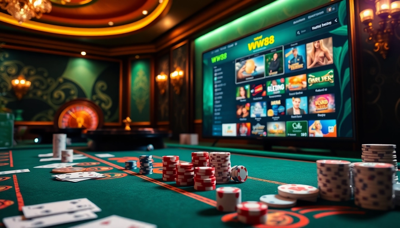 Engage with ww88's thrilling online casino atmosphere featuring vibrant tables and games.
