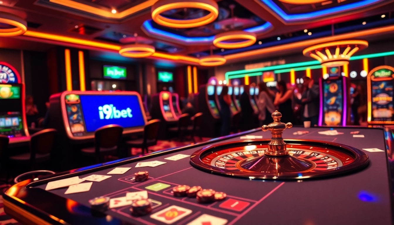 Experience the thrill of i9bet with luxurious casino gaming elements including tables, chips, and the i9bet logo.
