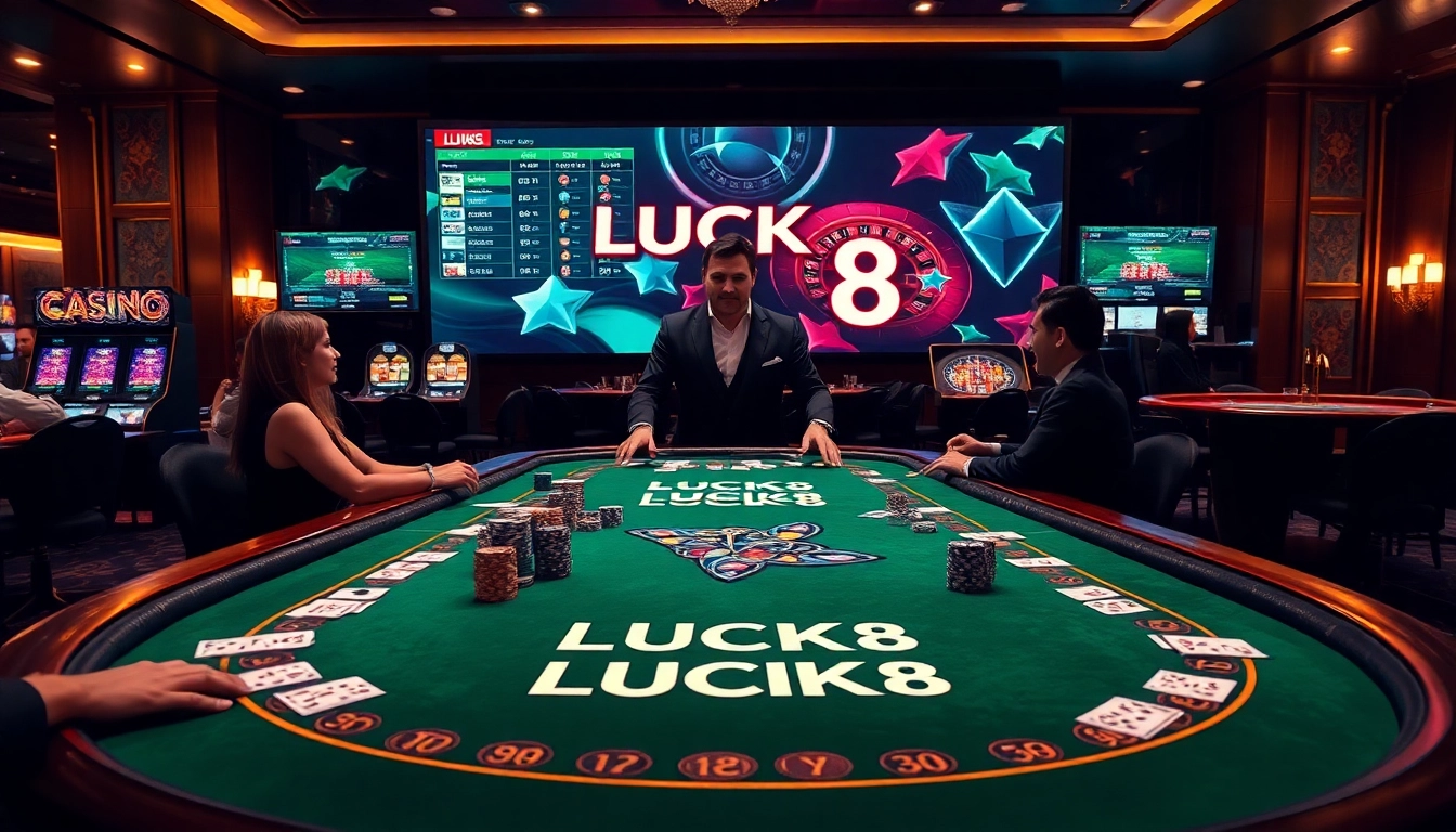 LUCK8 casino atmosphere showcasing exciting gaming experiences with poker and betting tables.