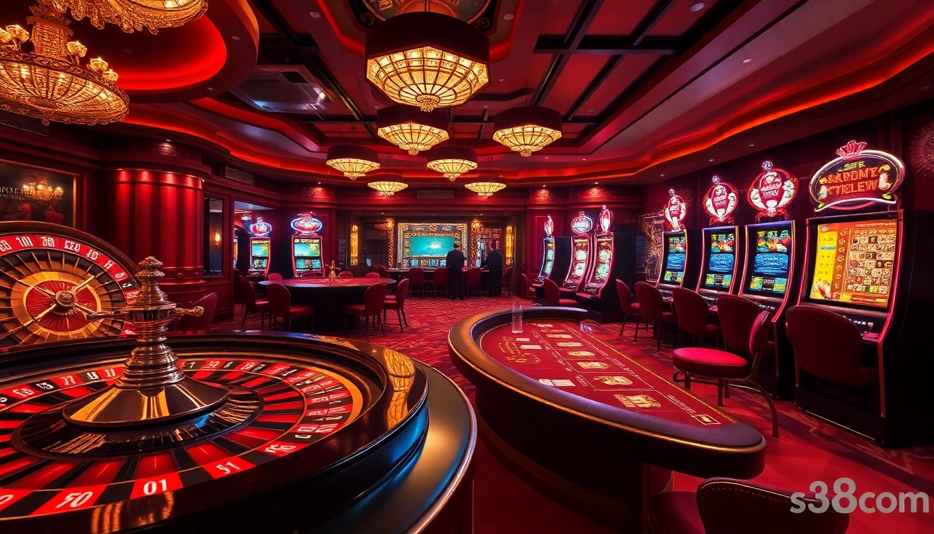 Engage in thrilling casino action with s8com features, showcasing poker tables and roulette wheels.