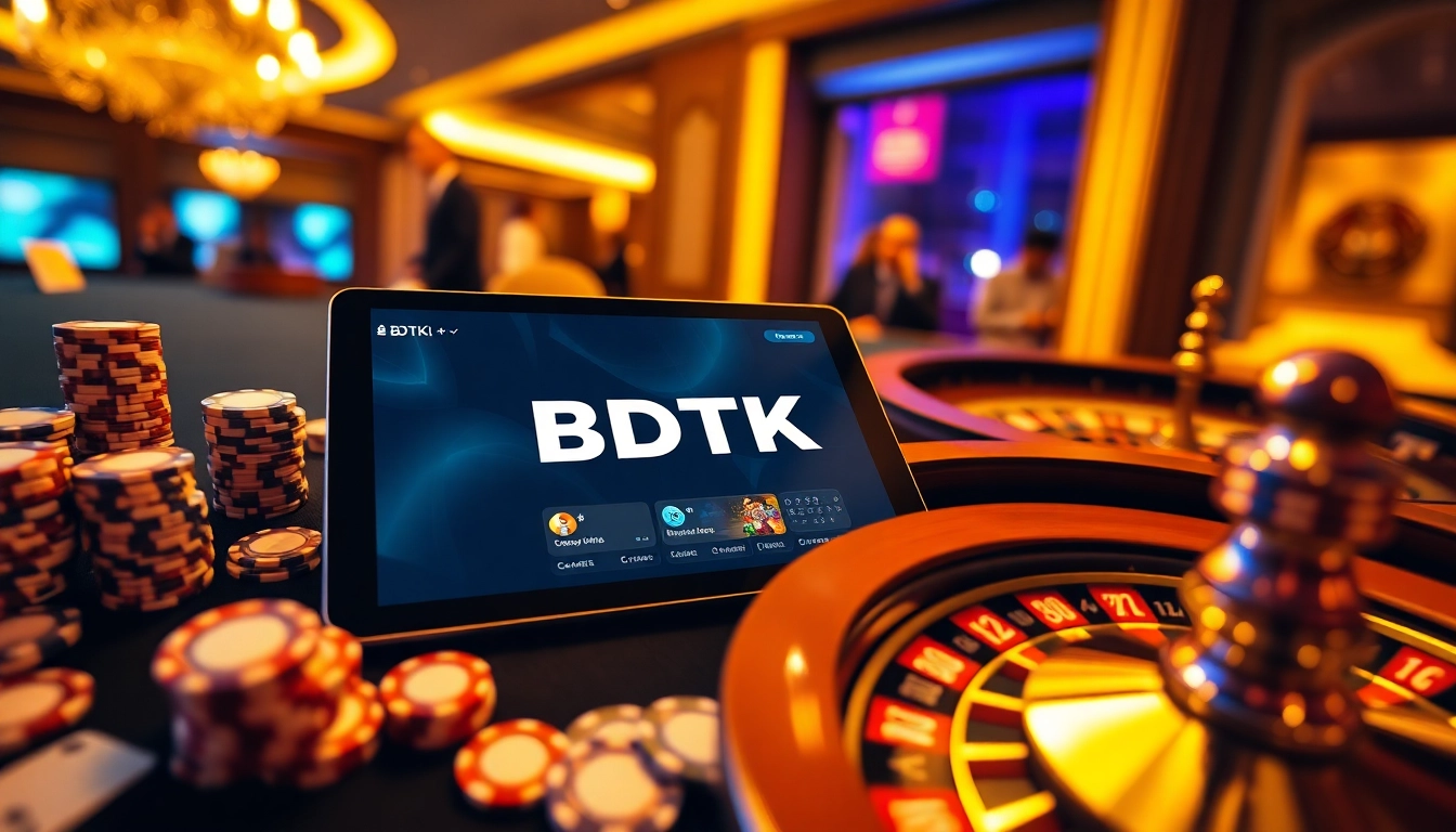 Engaging BDTK1 online gambling experience with casino vibe and interactive tablet.