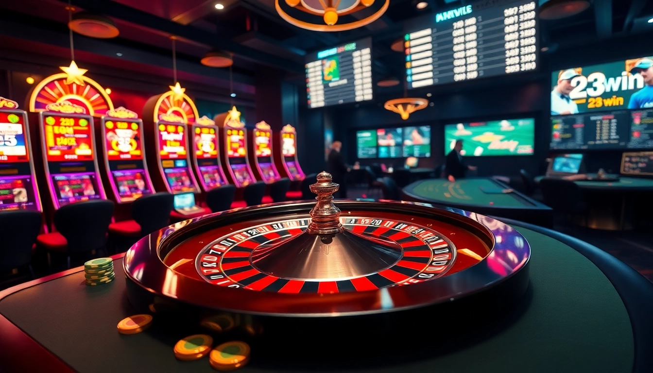 The thrilling atmosphere of 23 win casino featuring elegant roulette and vibrant slot machines.