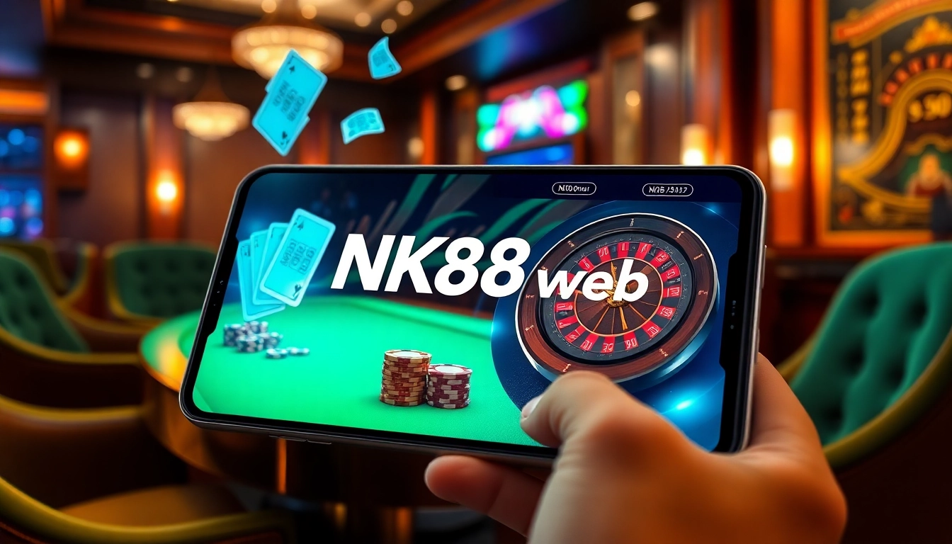 Engaging NK88 web interface displaying betting slips and poker chips stacking in a professional casino setting
