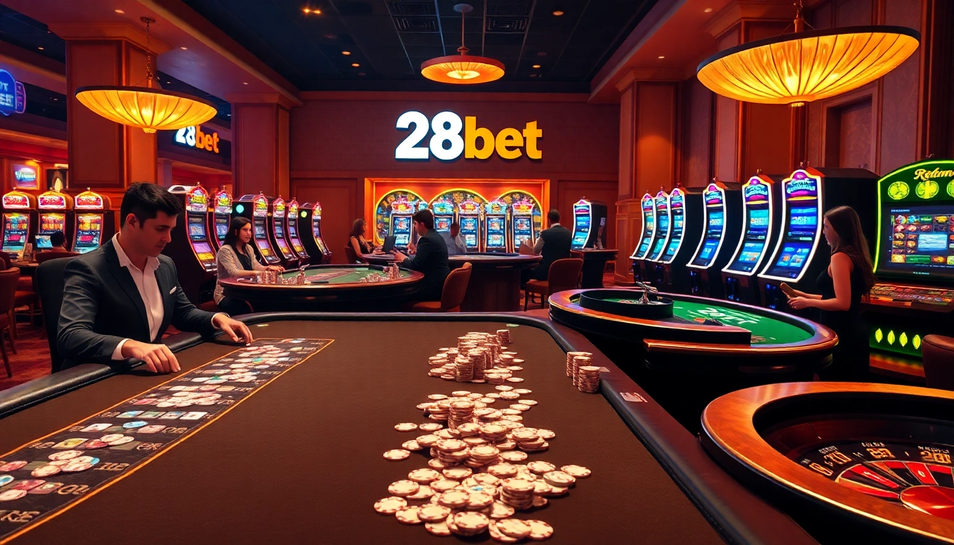 An exciting casino scene showcasing players at 28bet tables, engaged in gameplay with vibrant slot machines and professional dealers.