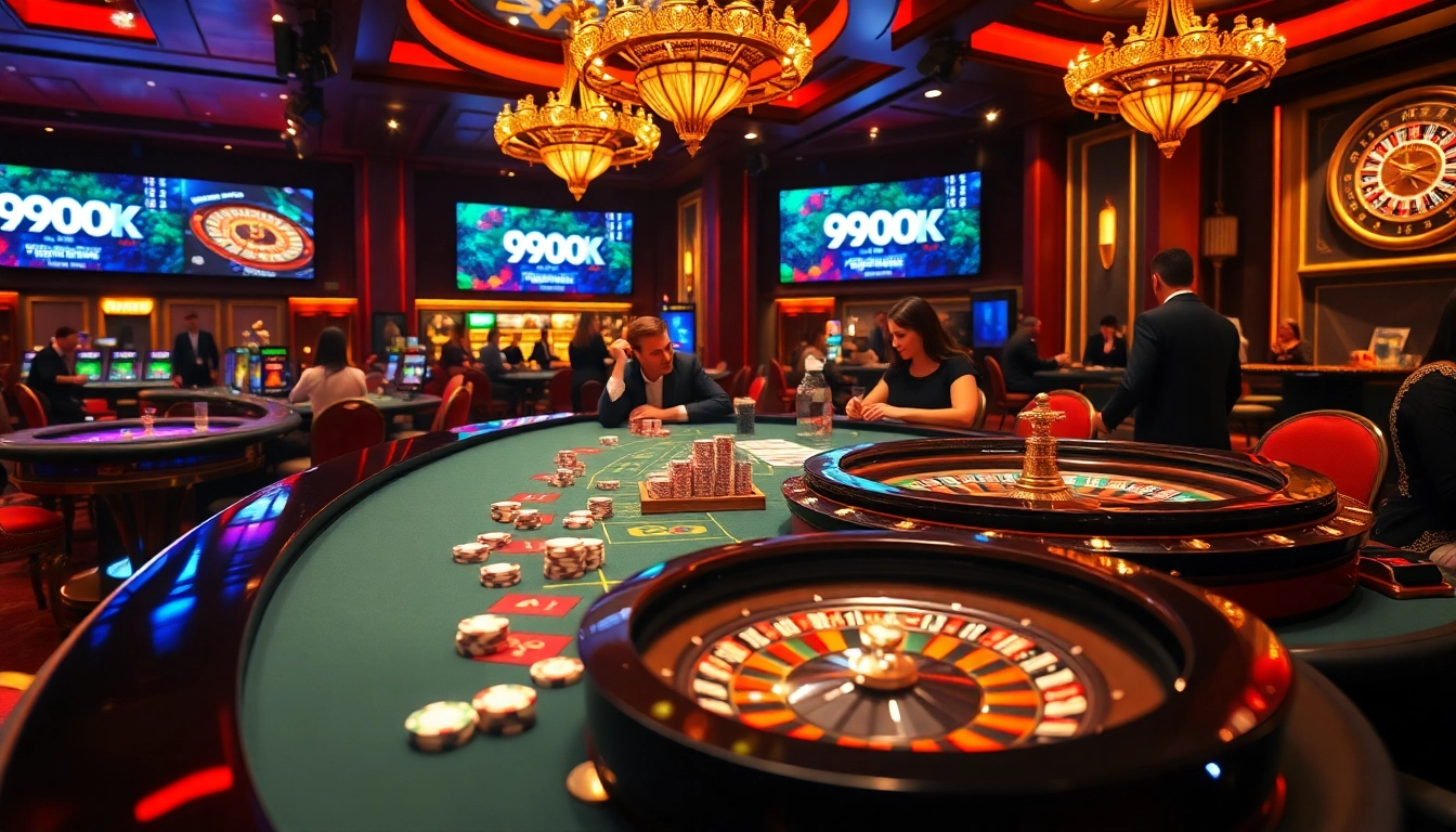 Intense gameplay at a luxurious casino showcasing 99OK with vibrant chips and cards.