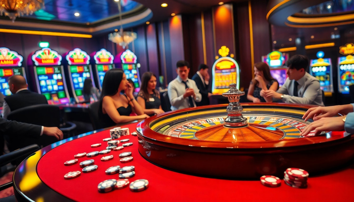 Casino scene with excited players at a roulette table showcasing dn88 com gaming excitement.