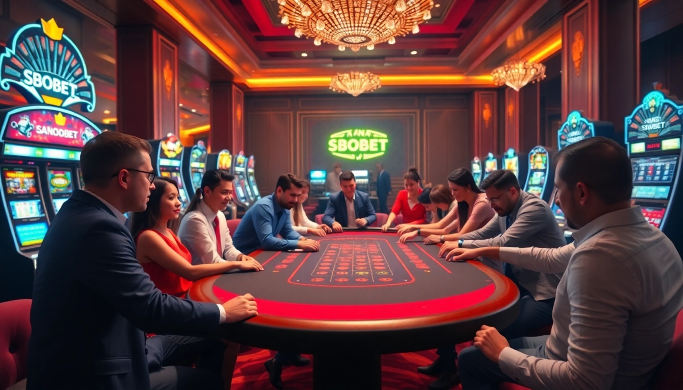 Permainan SBOBET yang menarik di meja kasino, dikelilingi oleh pemain antusias.