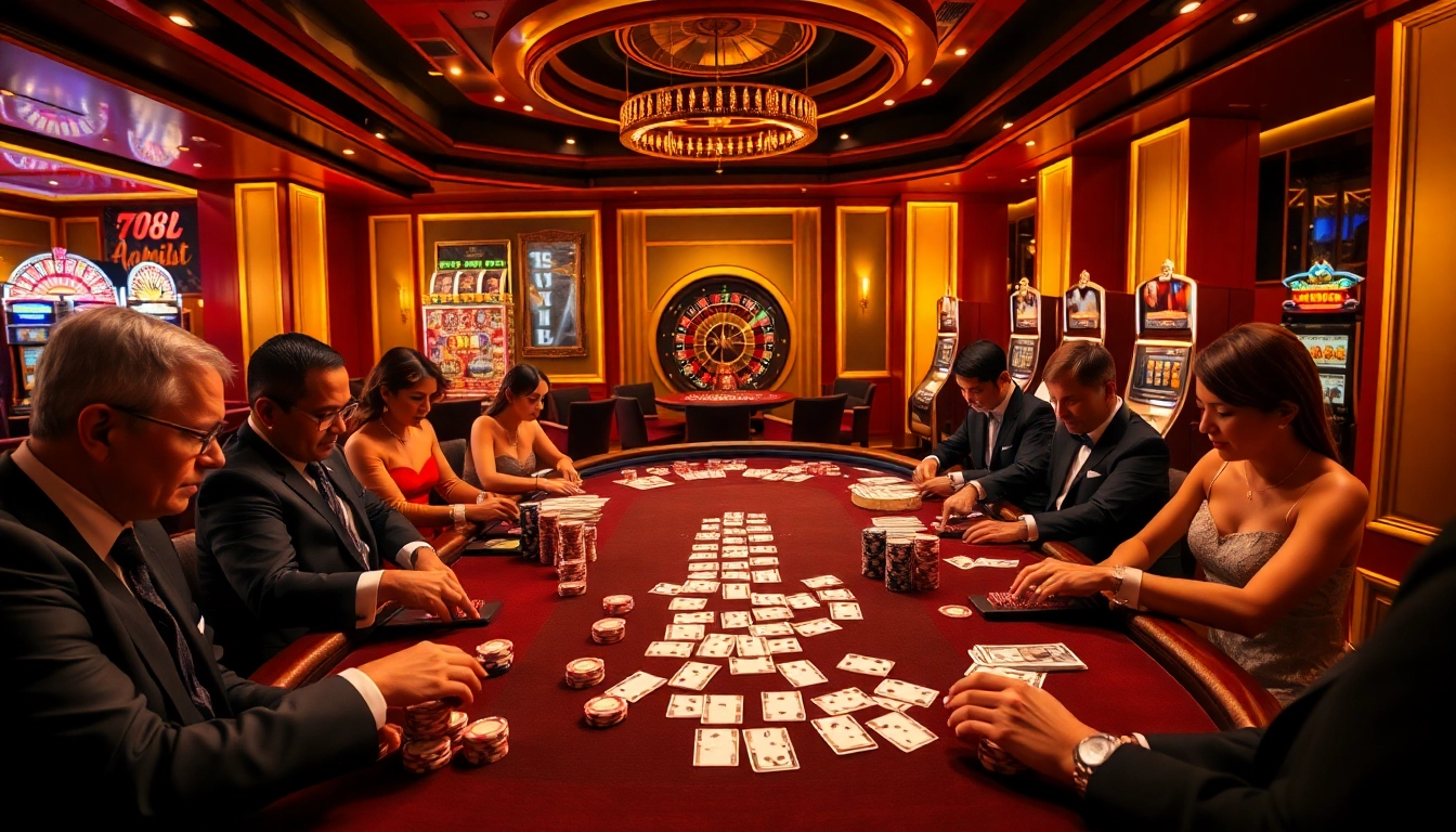Experience the thrill of 789 BET with a luxurious casino scene highlighting poker excitement.
