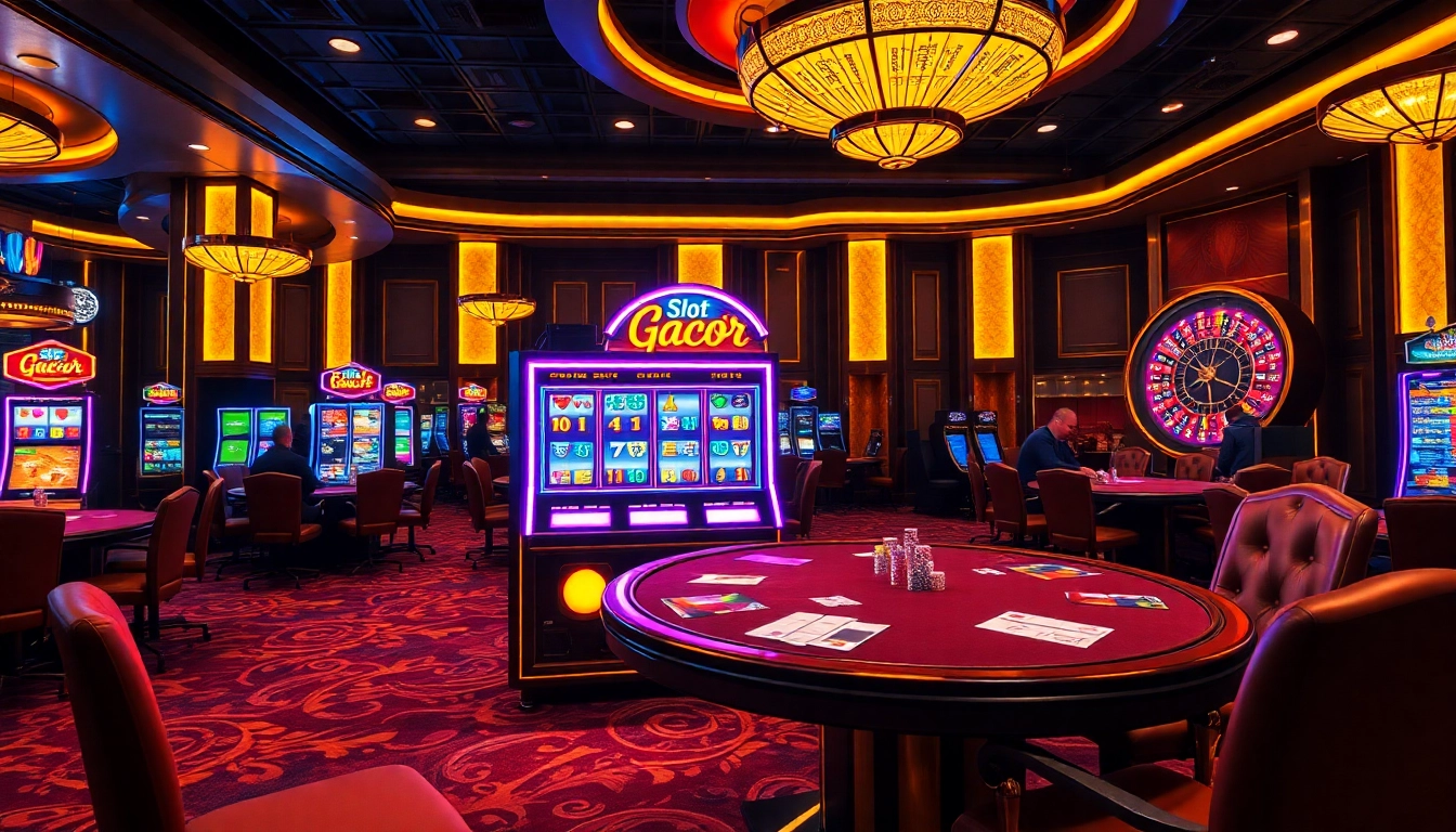 Engaging players at a vibrant Slot Gacor machine in a luxurious casino setting.
