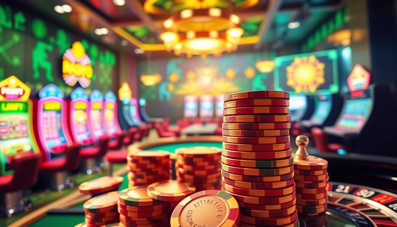 Exciting Online Casino scene featuring vibrant slot machines and poker tables.