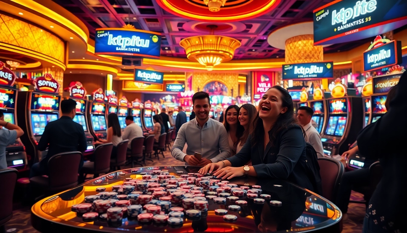 KTP Jitu player celebrating a slot machine win in a vibrant casino atmosphere.