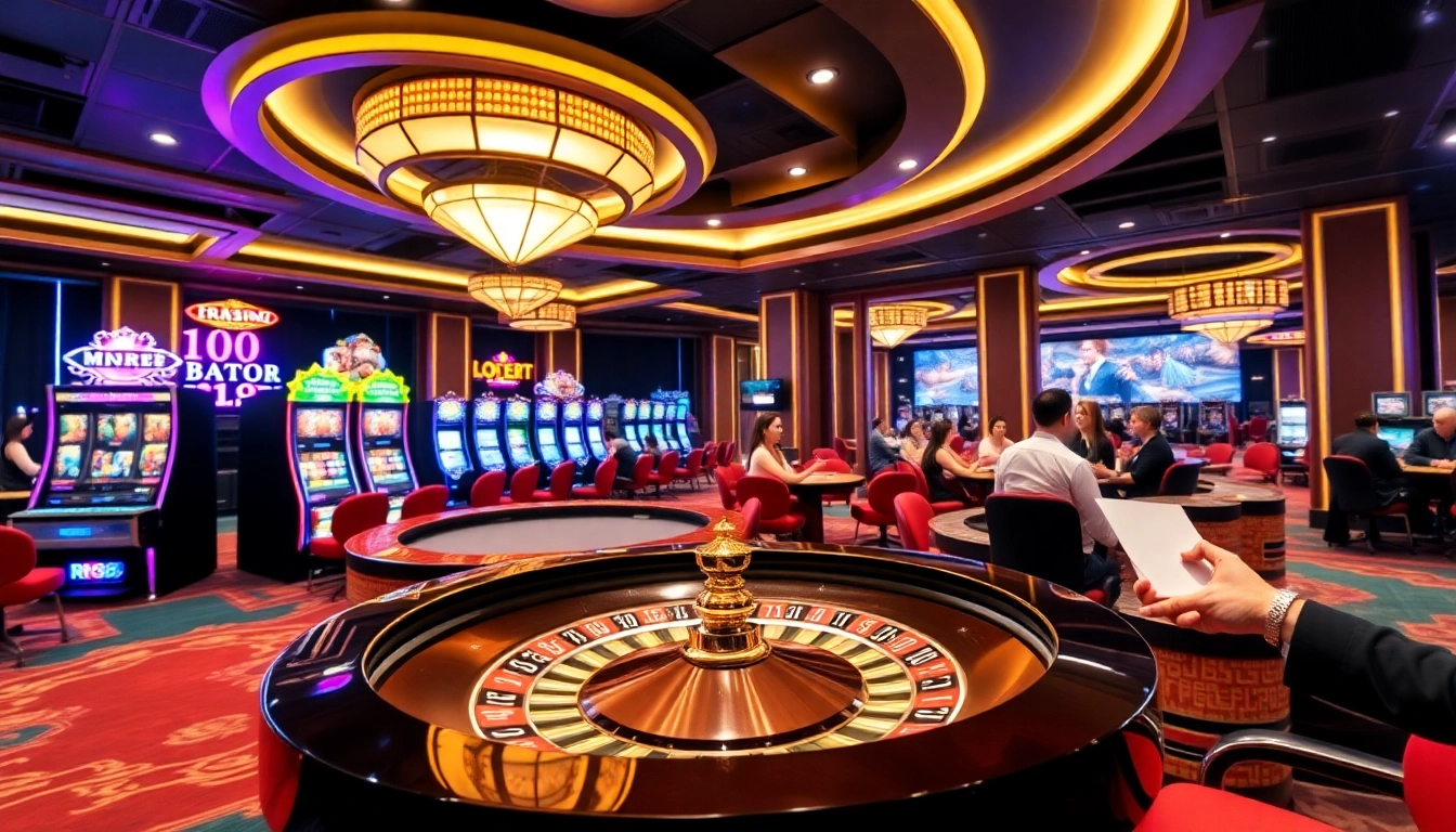 Experience the excitement of gambling at trang chủ rr88 with a modern casino scene filled with players and vibrant games.