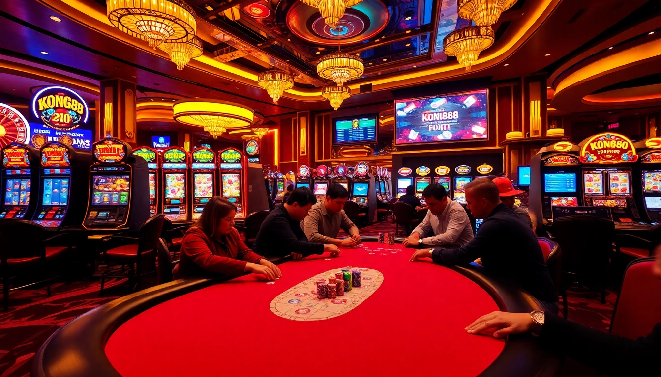 KONG88 gaming scene with intense poker action, vibrant slot machines, and roulette excitement.