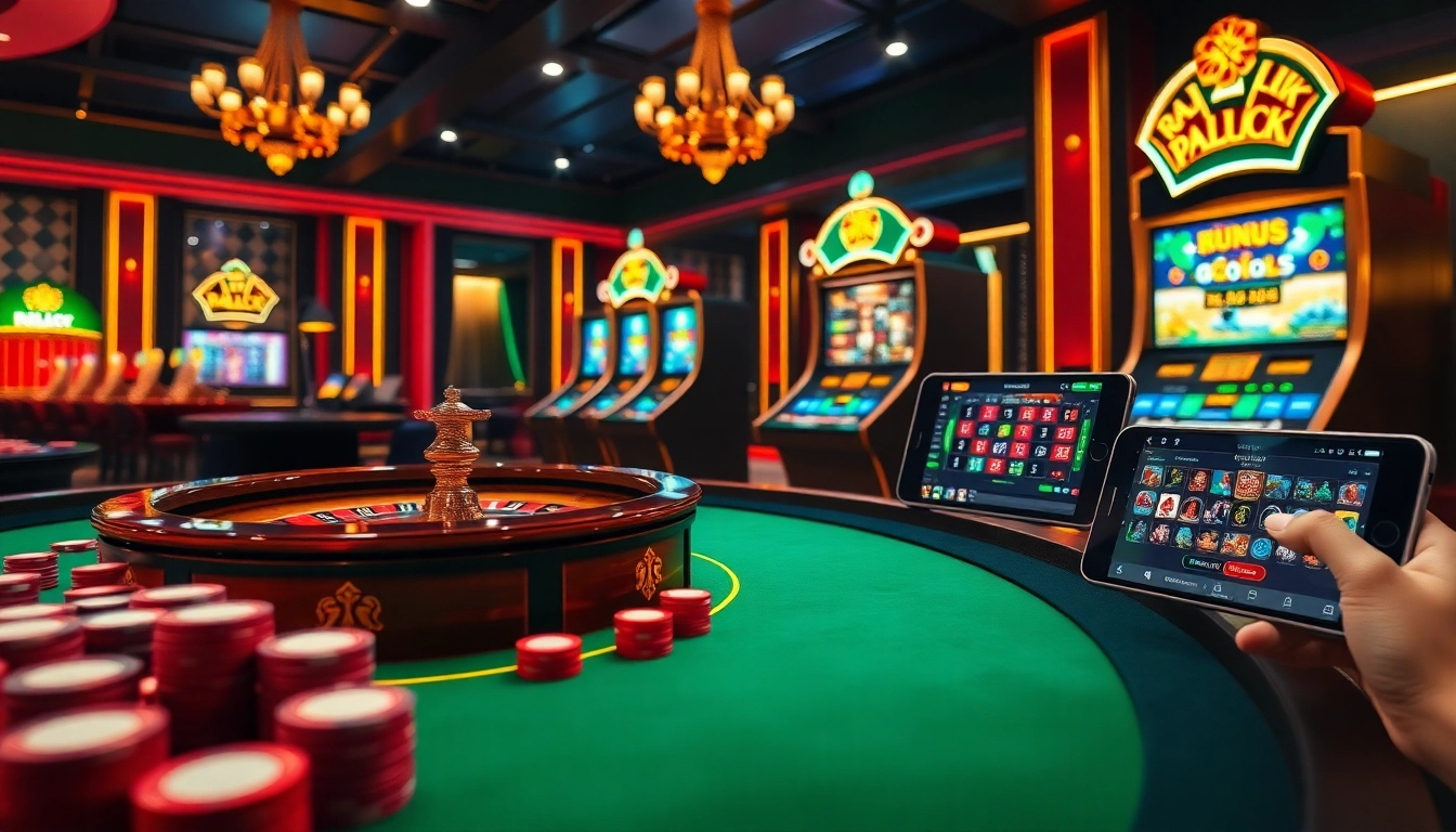 Rajaluck online gambling interface showcasing vibrant poker tables and a spinning roulette wheel.