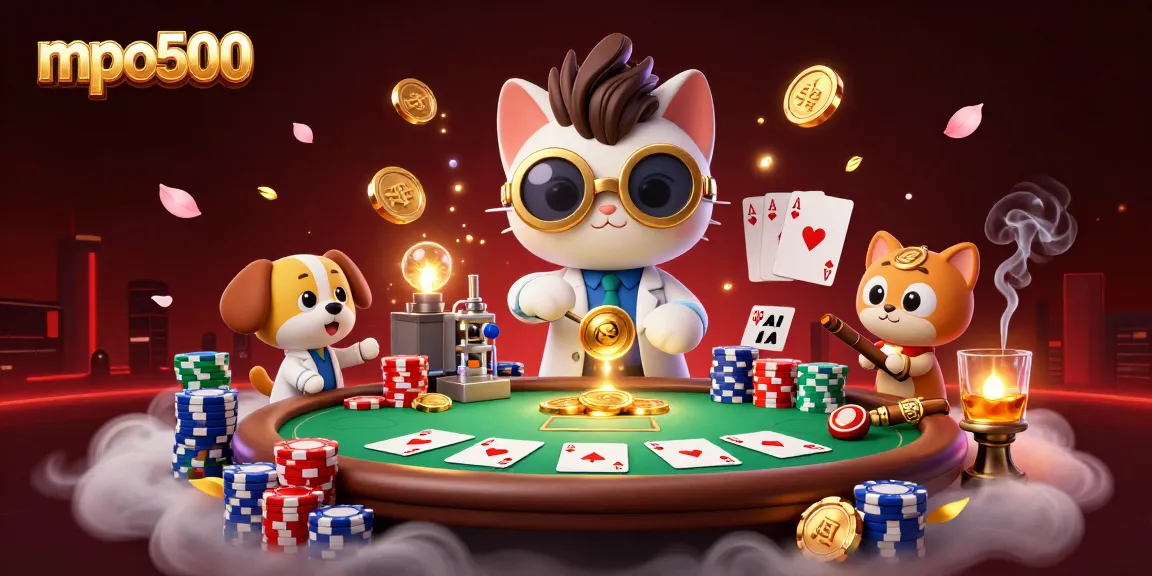 Poker excitement with mpo500 as a cat scientist creates gold coins amidst colorful chips and cards.
