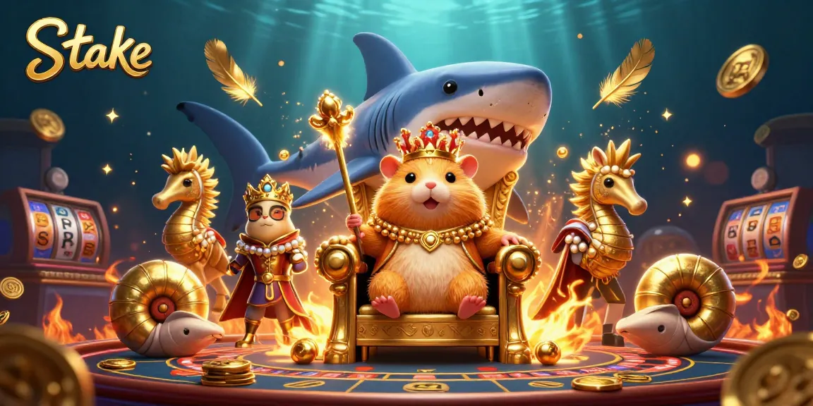 Stake features a vibrant casino scene with a golden hamster king, seahorse guards, and fantastic gaming elements.