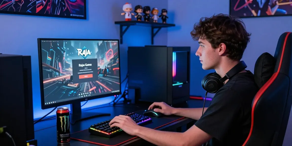 Raja Game login interface displayed on a gaming desk setup with a focused gamer.