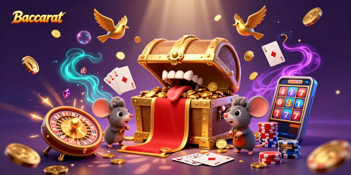 Baccarat game scene with treasures, golden coins, roulette wheel, and vibrant casino elements.