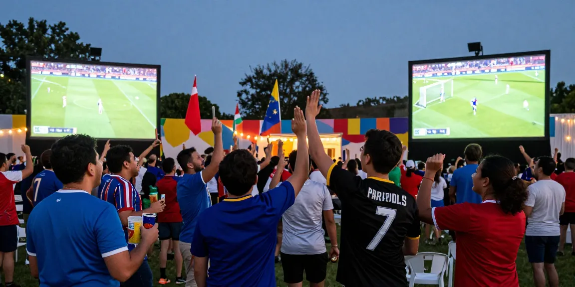 Fans celebrate and cheer while they شاهد المباريات هنا outdoors at a lively sports event, vibrant atmosphere with colorful decorations and excitement.